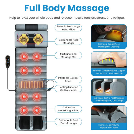 Full Body Electric Massage Mat with Heat – Vibration Massage Pad for Back, Neck, Foot & Lumbar Support – Foldable Cushion Mattre