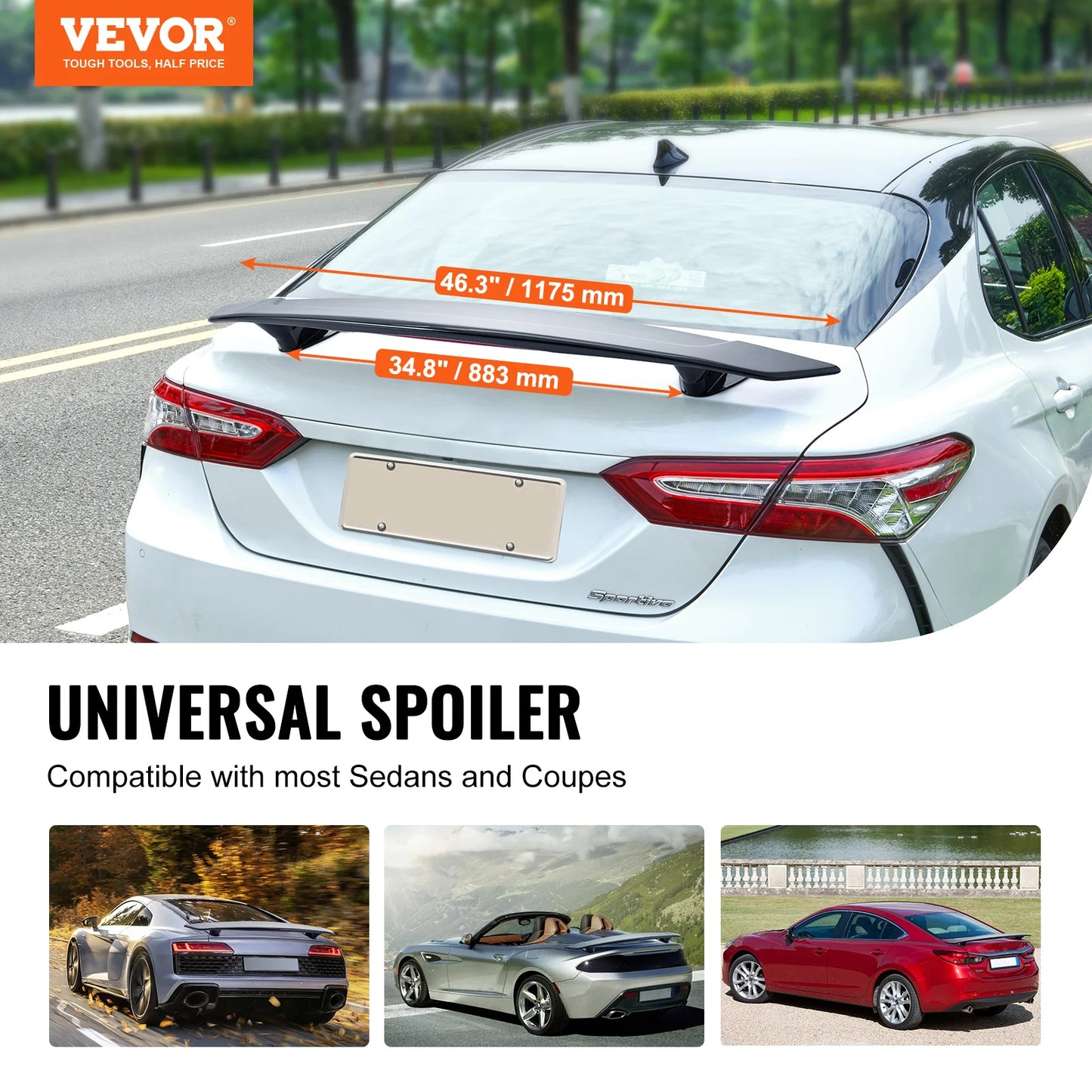 VEVOR GT Wing Car Spoiler 46.3 inch Universal Spoiler Compatible with most Sedans and Coupes High Strength ABS Material Black