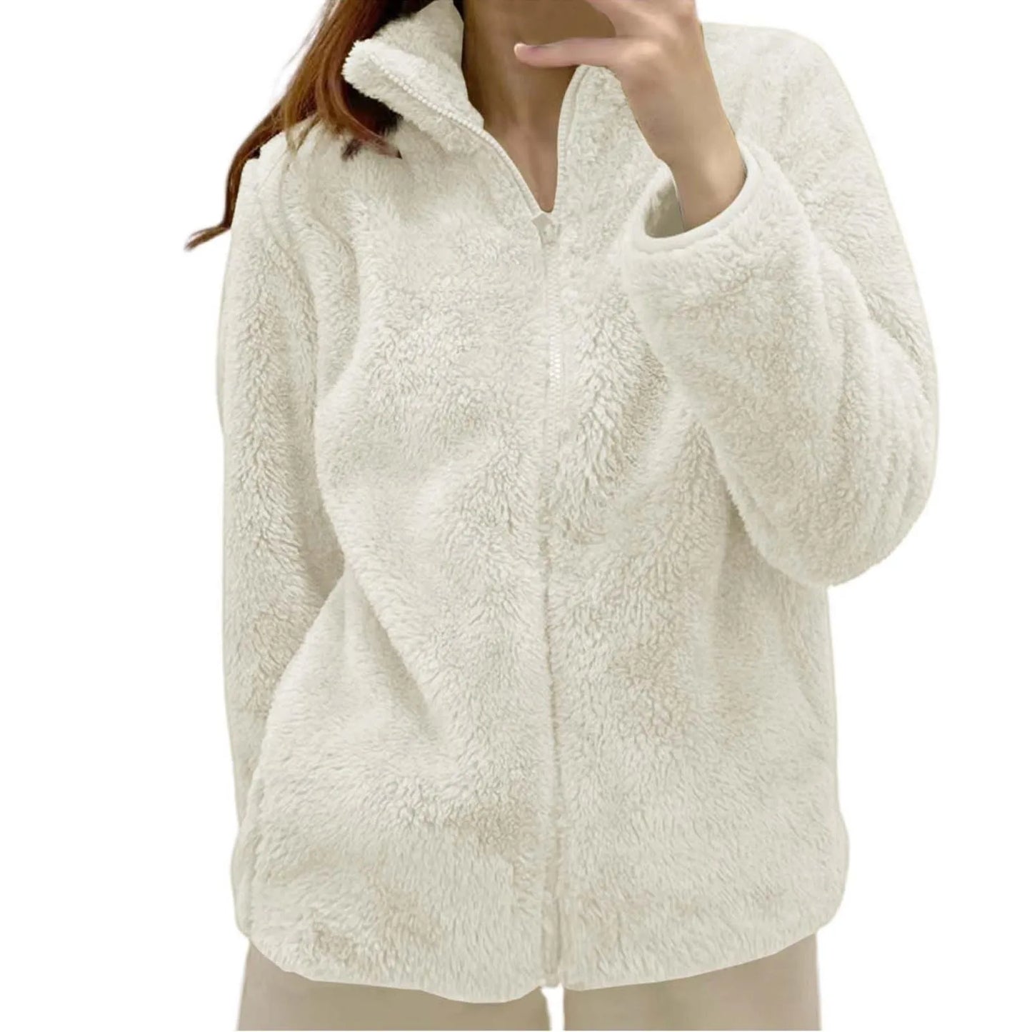 Women Casual Zip Up Fleece Jacket Solid Color Long Plush Polar Warm Zipper Outwears Female Gils Lamb Wool Jackets With Pockets