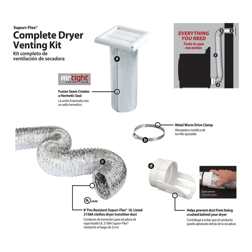 Complete 8in Dryer Vent Kit with Lint Trap Water Resistant Airtight Duct Electric Dryers Indoor Ventilation 2 Clamps Included