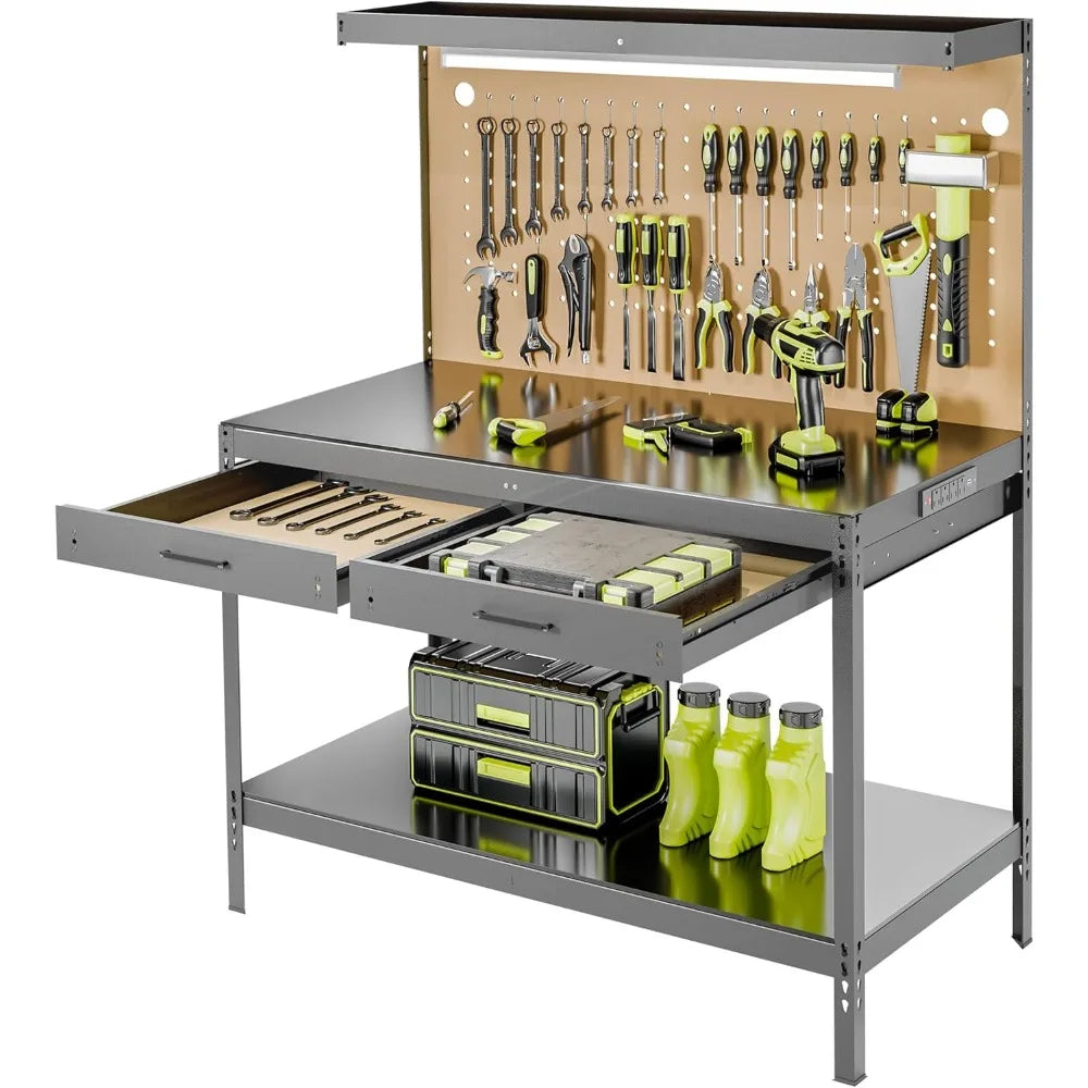 Work Bench, Workbench with Power Outlets and Light, A3 Steel Workbench with Drawers, Pegboard,