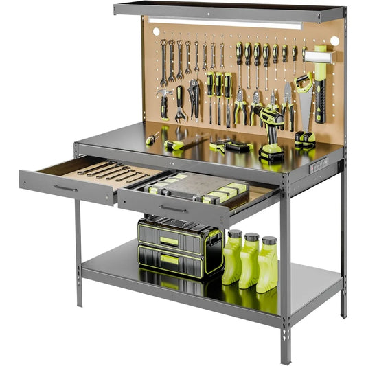 Work Bench, Workbench with Power Outlets and Light, A3 Steel Workbench with Drawers, Pegboard,