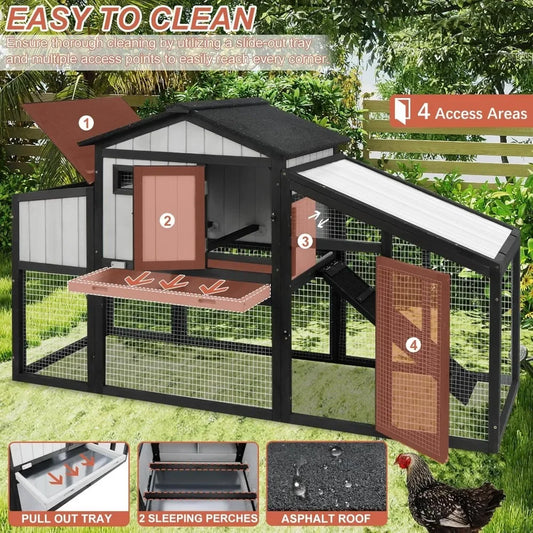 65.3" Long Chicken Coop and Hen House for 1-2 Chickens, Comes with Nesting Boxes, Trays, Perches, Combinable, Black - TrendForce25