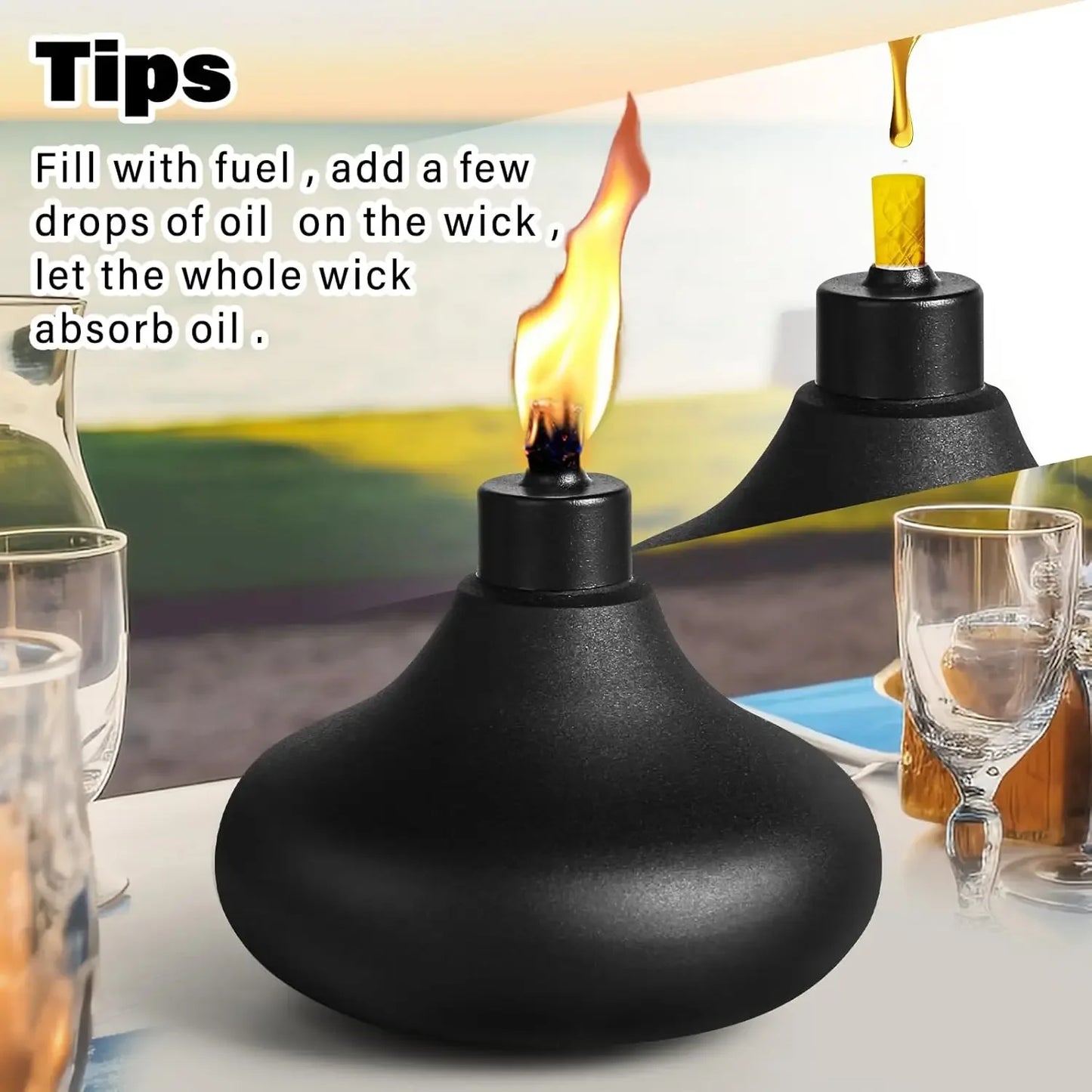 6 Pack Metal Tabletop Torches, 24.5 Ounces Citronella Outdoor Torches, Inflatable Flame Torches for Party Landscape Decorations