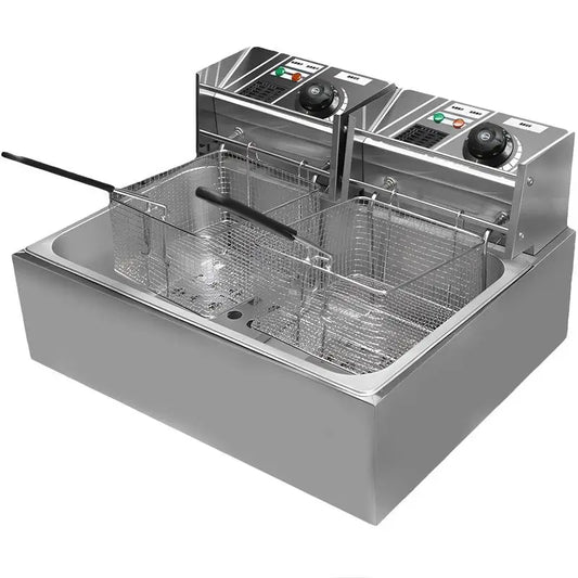 Deep Fryer Pot Electric 110V Commercial Double Stainless Steel Chicken Wings Fryers with Baskets and Temperature Control Kitchen - TrendForce25