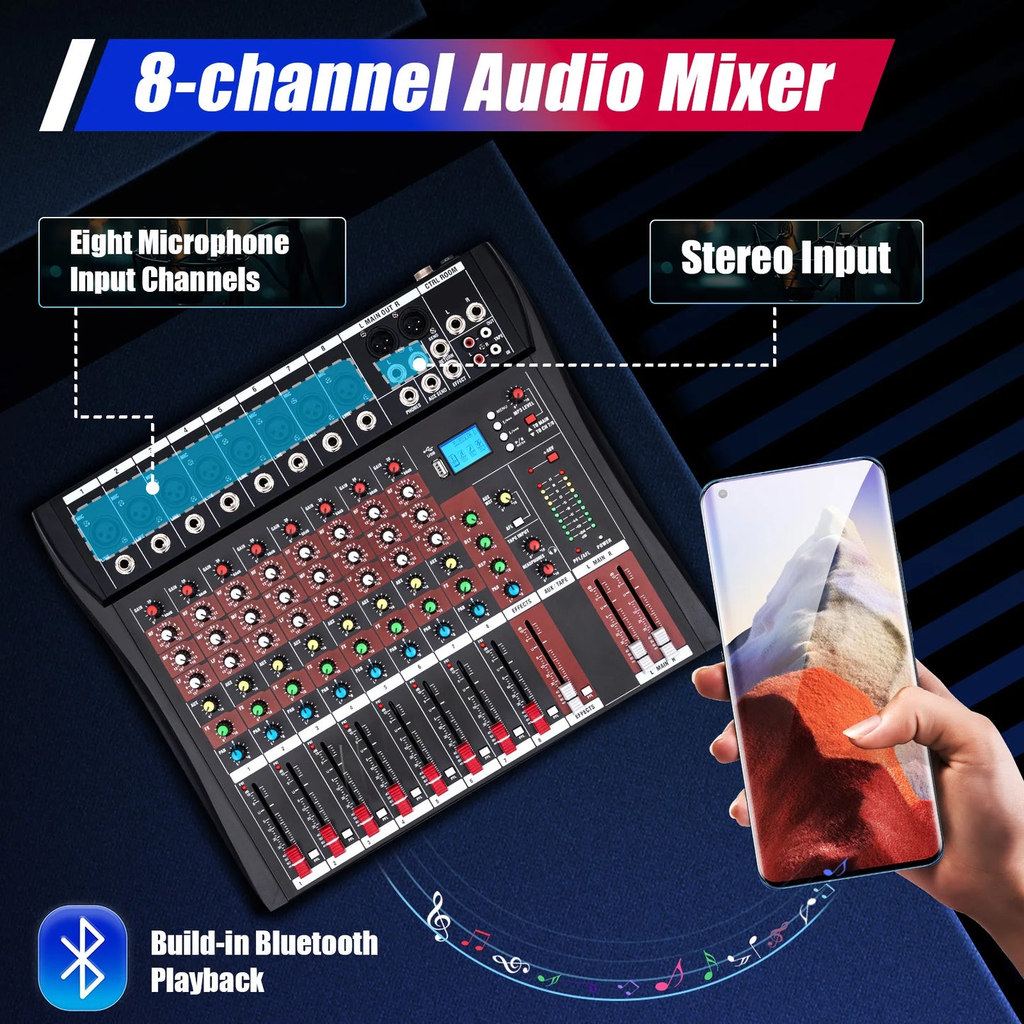 7/8-Channel Professioneller Mixer, Soundboard Konsole with Bluetooth USB PC Recording Input XLR Microphone Jack