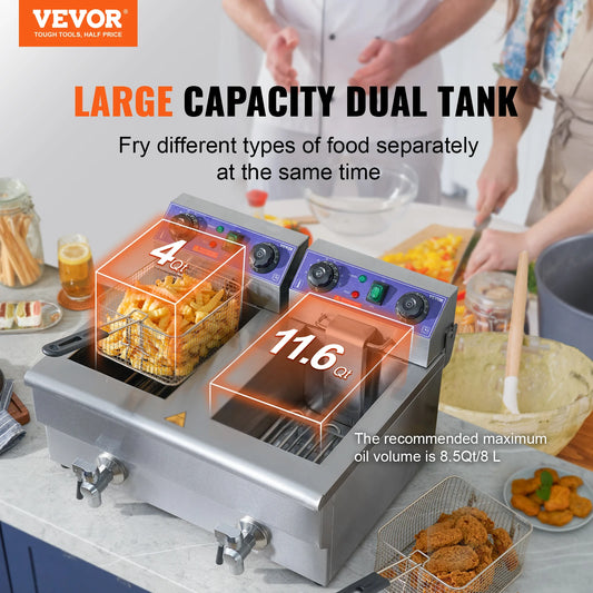VEVOR  12L 5000W Electric Deep Fryer w/Dual Removable Tanks Commercial Countertop  Fryer for Chicken French Fries Frying Chips - TrendForce25