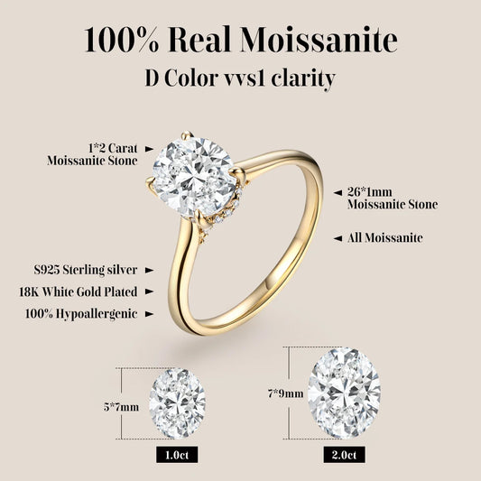 ATTAGEMS Oval cut 9*7mm2CT DVVS Moissanite Ring 925 Sterling Silver for Women Wedding Jewelry High Quality Shipping from the USA