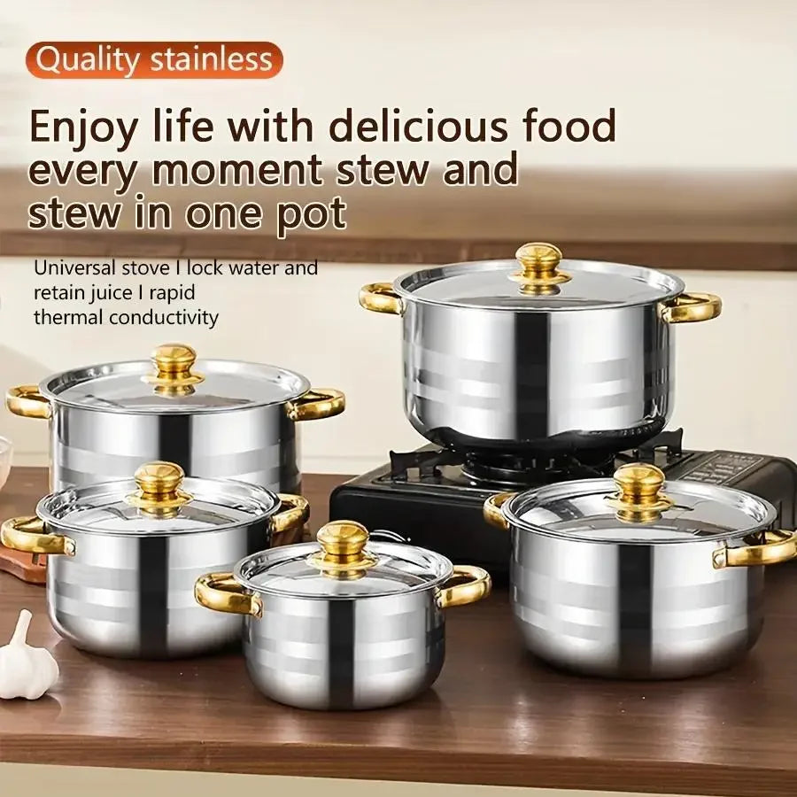 5Piece Golden Stainless Steel Cookware Set Multi-Purpose Compatible Stoves, Non-Stick, Scratch-Resistant, and Dishwasher Safe - TrendForce25