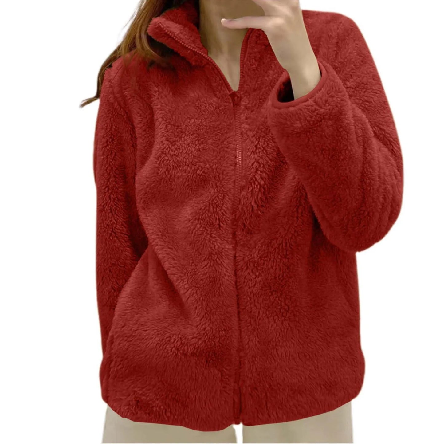 Women Casual Zip Up Fleece Jacket Solid Color Long Plush Polar Warm Zipper Outwears Female Gils Lamb Wool Jackets With Pockets