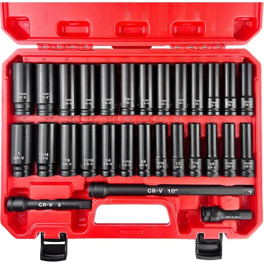 29pcs 1/2" Socket Set, Drive Deep Impact Socket Set, Including 3 ", 5", 10" Impact Extension Bar, Standard SAE (3/8 "- 1") and M