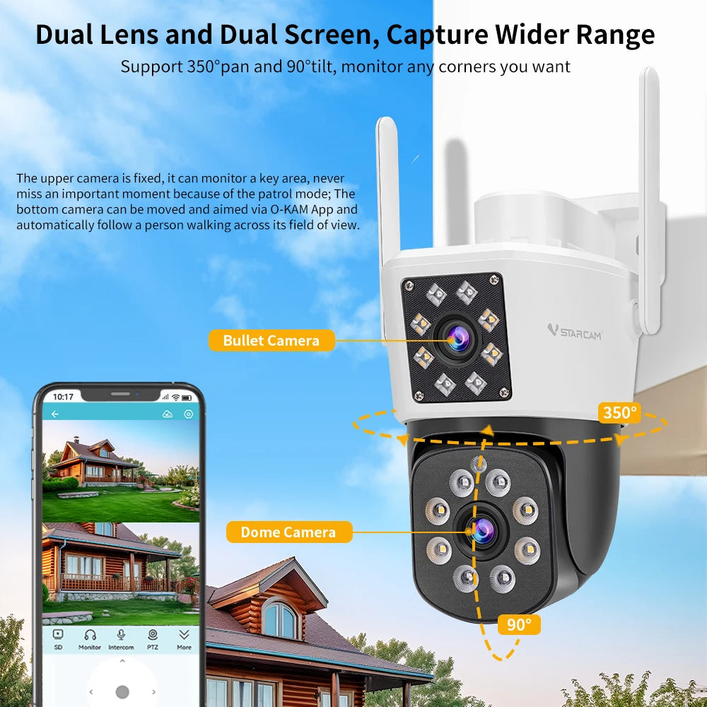 VSTARCAM Dual Lens Security Camera Outdoor, 1080P, Starlight Color Night Vision, Pan/Tilt, Light & Siren Alarm, 2-Way Audio