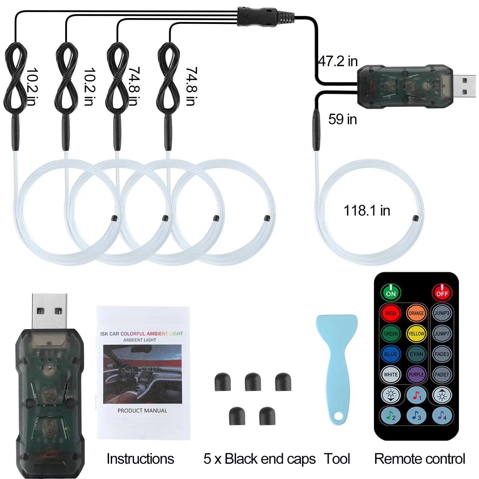5 in 1 Remote Control Ambient Lighting Kits Car LED Lights Interior with USB Music Sync RGB Inside Car Strips Neon Light - TrendForce25