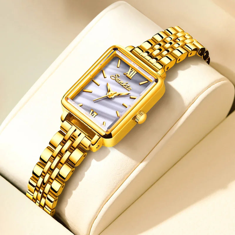 SUNKTA Luxury Hight Quality Quartz Watch Fashion Charming Rhinestones Stainless Steel Band Women's Wristwatches+BOX