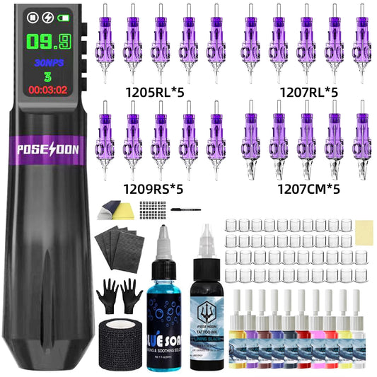 Tattoo Kit POSEIDON New Memory Tattoo Pen Kit For Permanent Makeup Tattoo Machine Wireless Tattoo Power Supply Tattoo Gun Kit