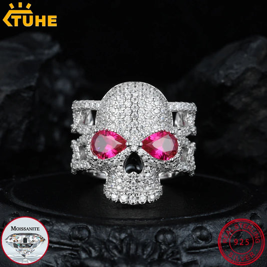 TUHE Unisex Iced Out Skull Ring S925 Silver VVS1 Moissanite For Men Hip Hop Jewelry