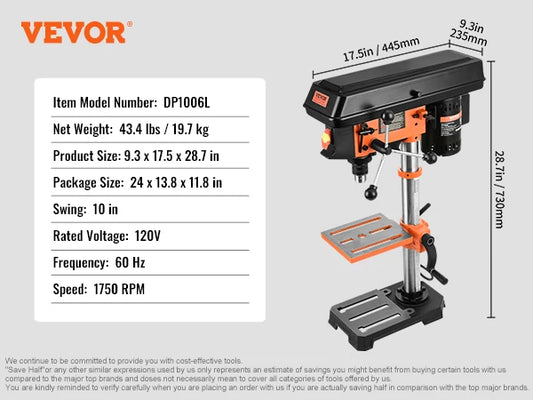 VEVOR Tabletop Drill Press 3.2 Amp 120V 5-Speed Settings 10'' Swing, Comes with Laser Pointer & Illumination Light for Wood Work - TrendForce25
