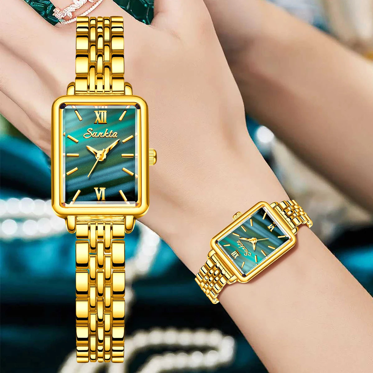 SUNKTA Luxury Hight Quality Quartz Watch Fashion Charming Rhinestones Stainless Steel Band Women's Wristwatches+BOX