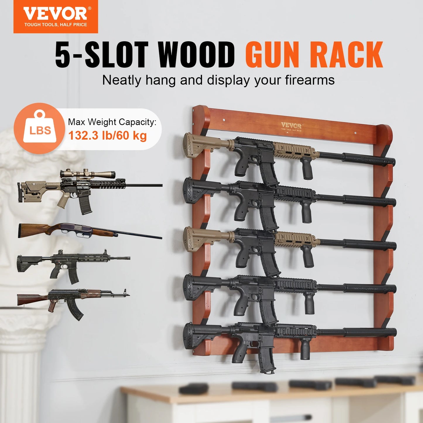 SucceBuy Gun Rack Wood Gun Rack Wall Mount Gun Display Rack holds 4/5Rifles Shotguns 132lbs Heavy Duty Rifle Rack w/Soft Padding