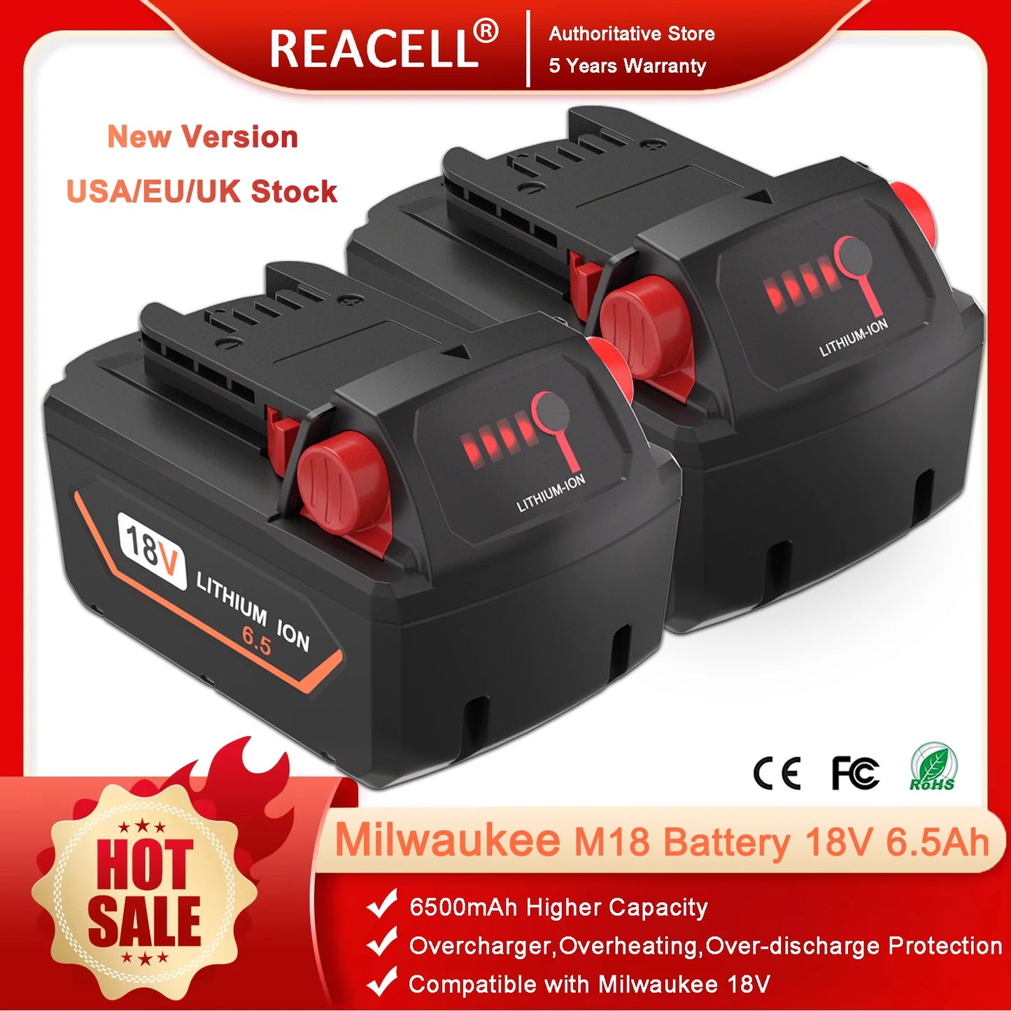 REACELL 18V 6.5/5.5Ah For Milwaukee M18 Battery Rechargeable Milwaukee Lithium Battery 48-11-1860 48-11-1850 48-11-1840