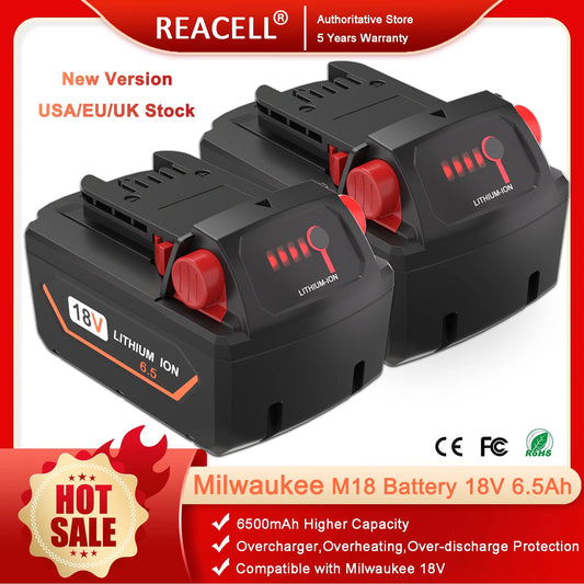 REACELL 18V 6.5/5.5Ah For Milwaukee M18 Battery Rechargeable Milwaukee Lithium Battery 48-11-1860 48-11-1850 48-11-1840