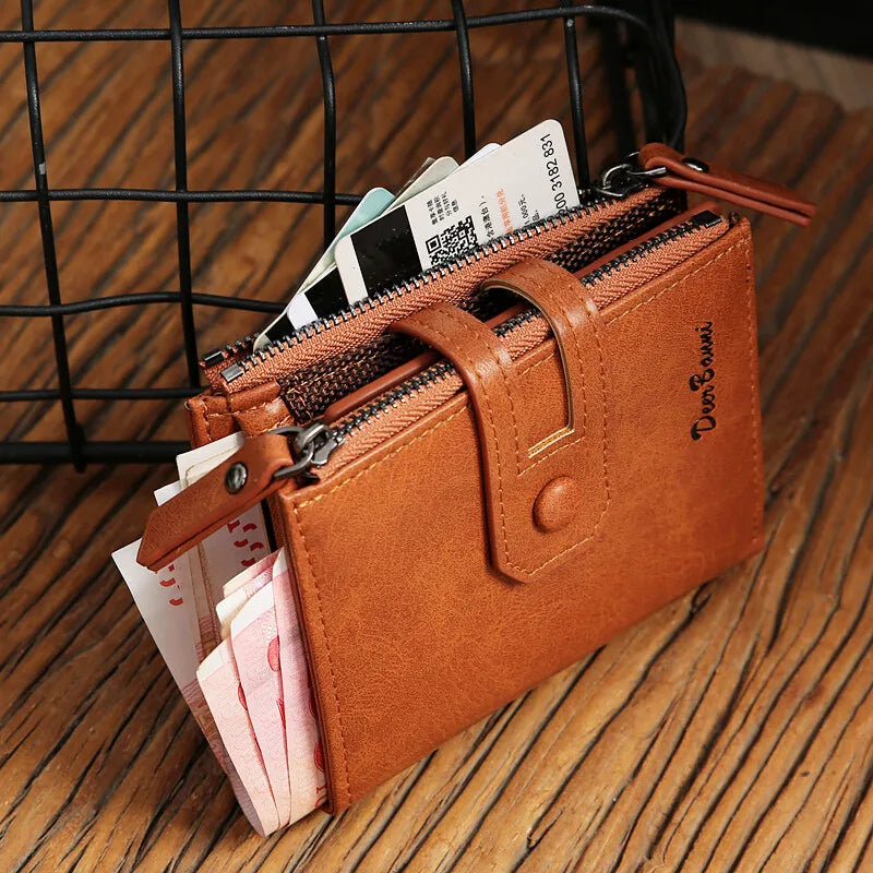 Men's Short Wallet Double zipper Multi Card Slots Holder Coin Purses With Snap Button PU Leather Billfold - TrendForce25