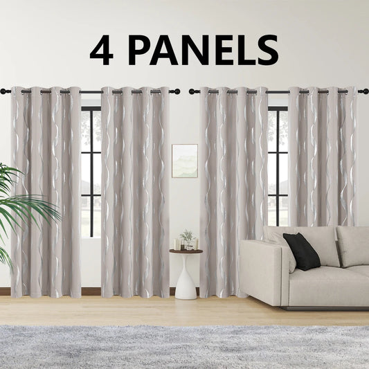 4Pcs Blackout Curtains Grommet Thermal Insulated Room Darkening  With Wave Foil Printed For Bedroom - TrendForce25