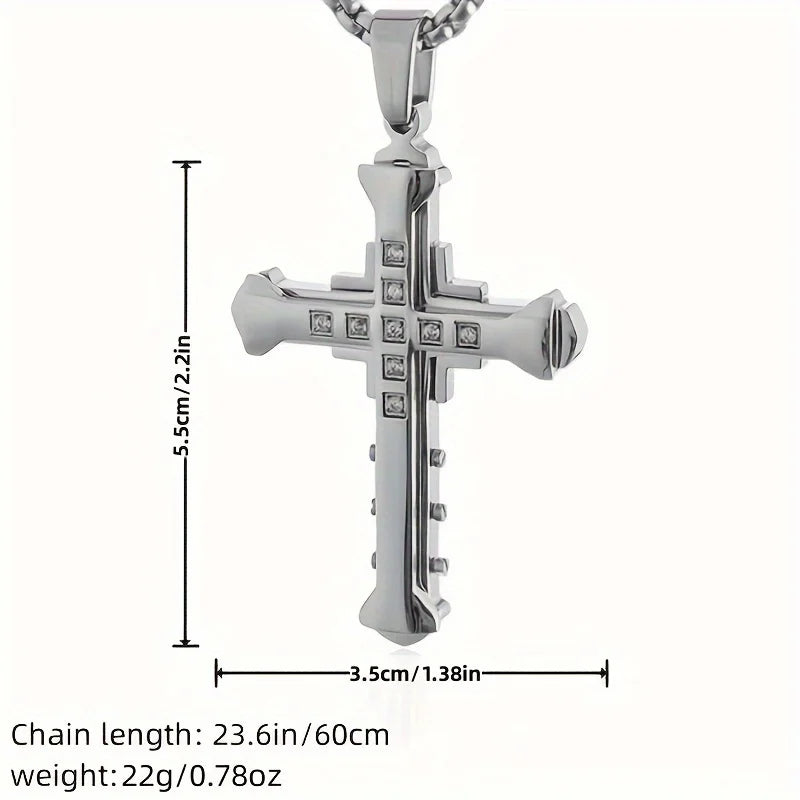 1PC/ Titanium Alloy Cross Pendant Necklace Inlaid with Zircon Man, Classic Jewelry, Holiday Gift