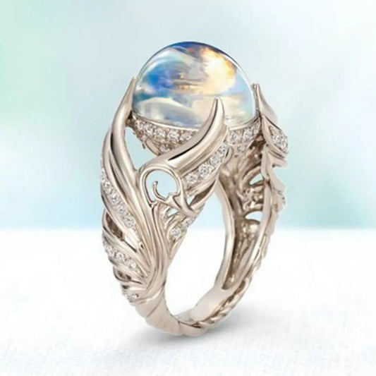 Women's Faux Moonstone Rhinestone-Inlaid Wing Finger Ring - Elegant Wedding Jewelry Gift