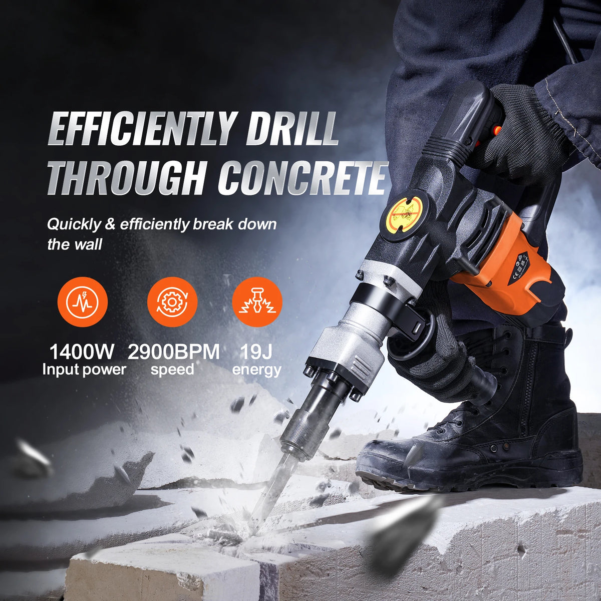 SucceBuy 1400W Demolition Jack Hammer Electric Jackhammer Heavy Duty 2900 BPM Concrete Breaker 2pcs Chisels Bits Chipping - TrendForce25