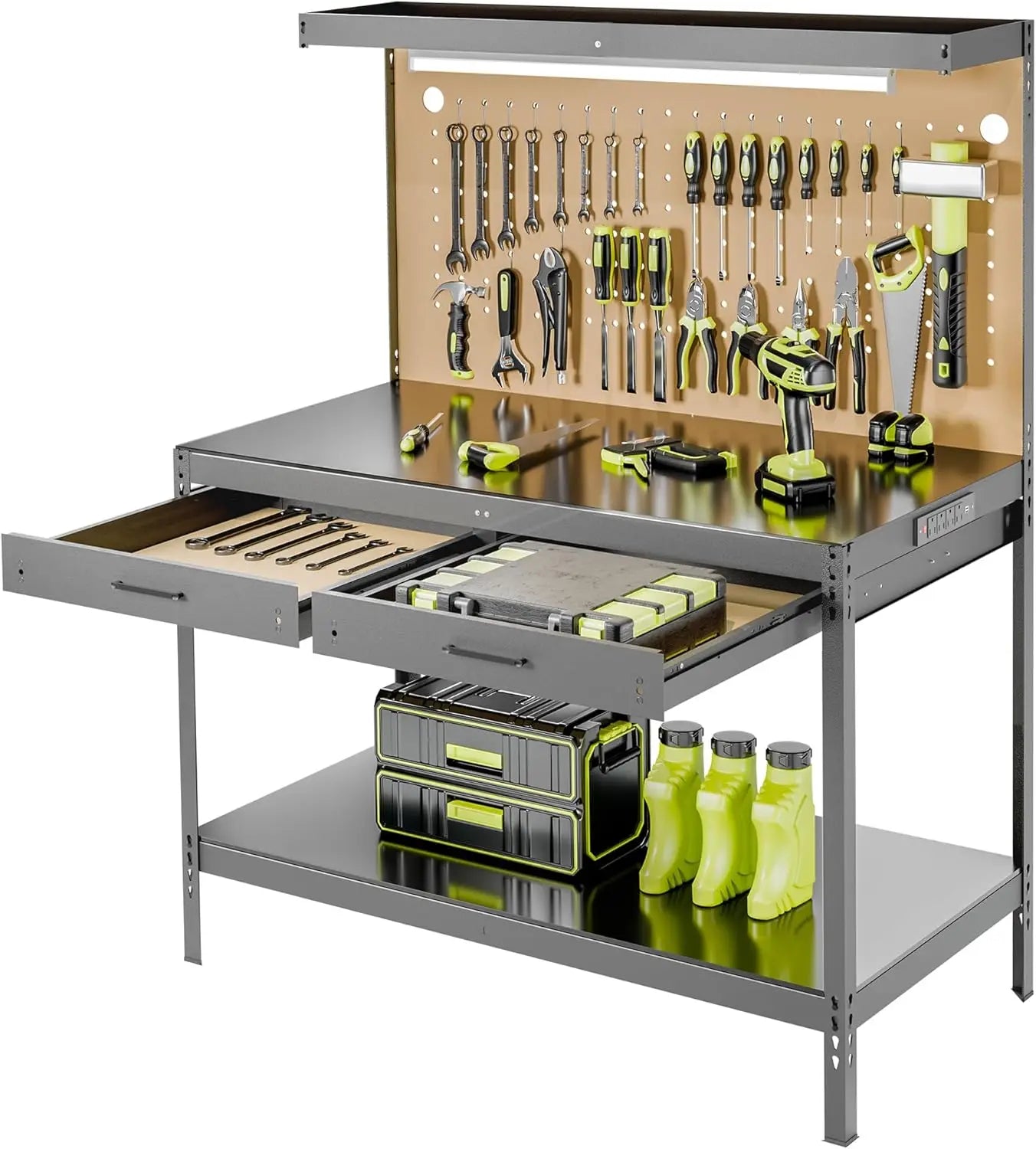 Work Bench, Workbench with Power Outlets and Light, A3 Steel Workbench with Drawers, Pegboard,