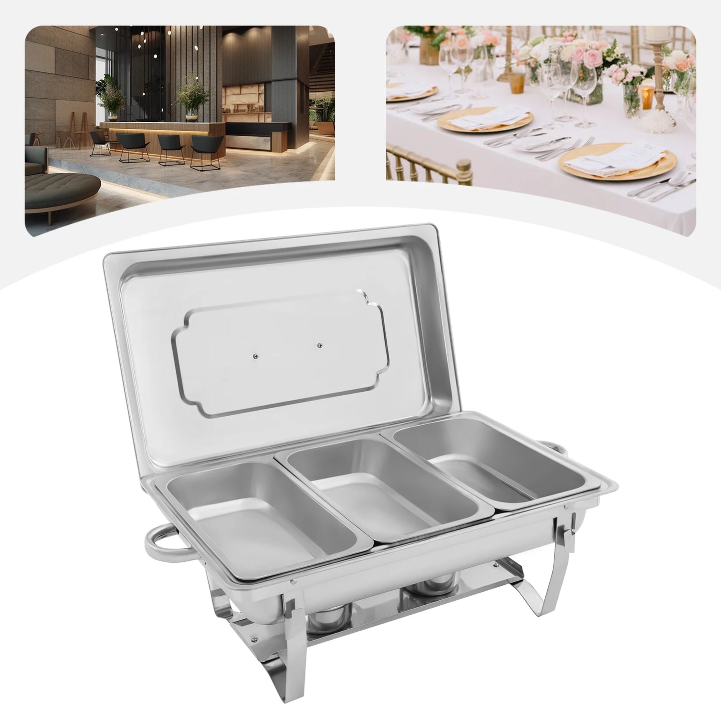 7.5L Stainless Steel Chafing Dish Buffet Set Silver Rectangular Catering Chafer Warmer Set with Folding Frame for Party Banquet