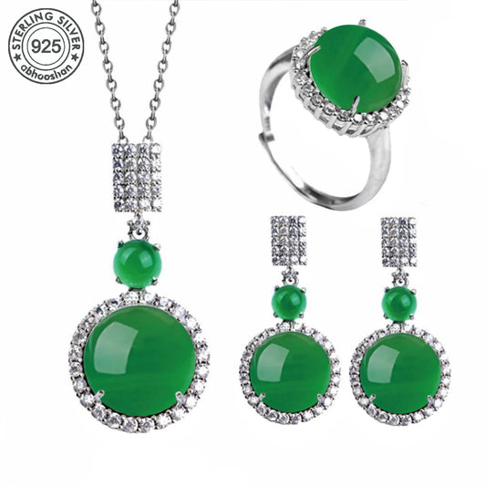 925 Silver, Green Jade Set, Natural stone jewellery three piece set including ring, necklace and pair of earrings. Crafted in 92
