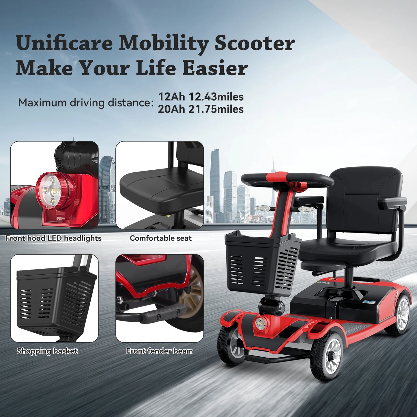 Unific Four-Wheeled Electric Scooter, 250W, 24V 20AH, 4.8MPH Max Speed, 21 Miles Range, Ideal For Short Trips and Urban Living