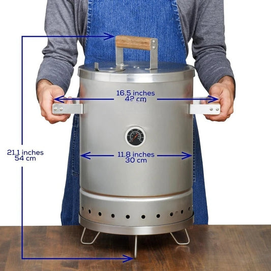 (6-pound) Stainless Steel (Small) Charcoal Barrel Smoker with Thermometer & Airlock system - 16.5"x 21.18" x ⌀11.81"