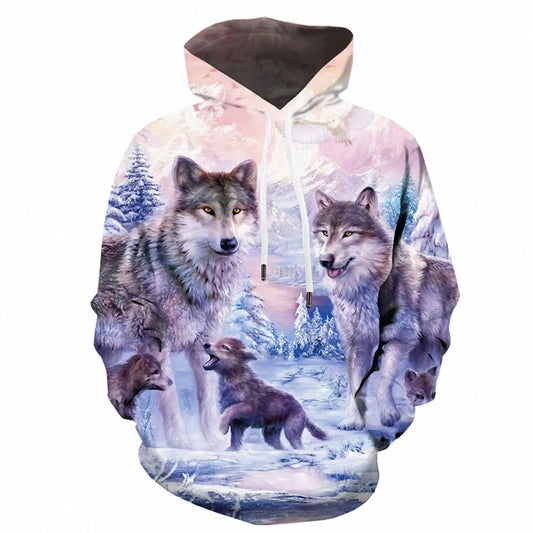 KYKU Wolf Hoodies for Men Pink Hoodie 3D Women Sweatshirt Pullover Graphic
