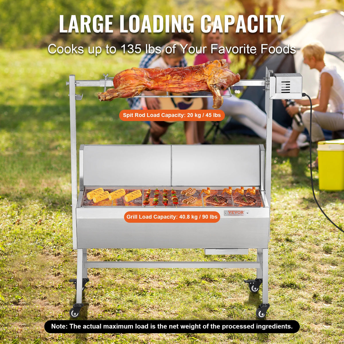 SucceBuy 35inch Rotisserie Grill Electric Motor Charcoal Spit Grill Stainless Steel Roaster w/Lockable Wheels for Camping - TrendForce25